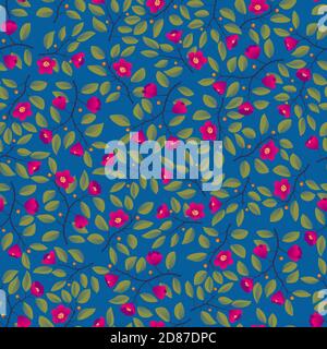 Floraler Hintergrund - nahtloses Muster, Zweige mit Blättern und leuchtend magentafarbenen Blüten auf Blau. Vektor-Illustration, Design für Tapete, Textil, Stoff, Verpackung. Stock Vektor