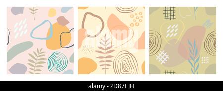Moderne Vektor-Illustration mit fallenden Blättern, Spritzer, Grunge-Texturen, raue Pinselstriche, Kritzeleien. Kreative abstrakte Zeichnung nahtlose Musterset Stock Vektor