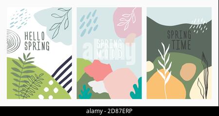 Spring memphis Design Poster Set. Abstrakte geometrische Formen Hintergrund. Grüne Vektorgrafik. Poster, Covers, Flyer, Banner Vorlage. Stock Vektor