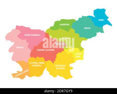 Bunte politische Landkarte von Slowenien. Verwaltungsabteilungen - statistische Regionen. Einfache flache Vektorkarte mit Beschriftungen. Stock Vektor