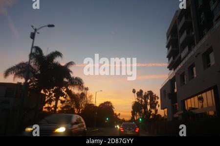 South Pasadena, Kalifornien, USA 26. Oktober 2020 EINE allgemeine Ansicht der Atmosphäre von Sonnenuntergang und Palmen am 26. Oktober 2020 in South Pasadena, Kalifornien, USA. Foto von Barry King/Alamy Stockfoto Stockfoto