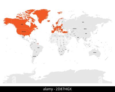 Nordatlantikvertragsorganisation, NATO, Mitgliedsländer, die in der politischen Weltkarte orange hervorgehoben sind. 29 Mitgliedstaaten seit Juni 2017. Stock Vektor