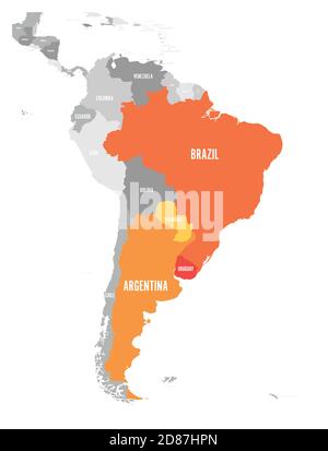 Karte der Regionen DES MERCOSUR. südamerikanischer Handelsverband. Orange hervorgehobene Mitgliedsstaaten Brasilien, Paraguay, Uruguay und Argetina. Seit Dezember 2016. Stock Vektor