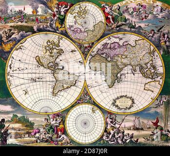 Schöne alte Weltkarte mit zwei Hemisphären. Detaillierte Angaben zu den Personen, die die Karte umgeben. Nord- und Südpol auf der Karte markiert Stockfoto