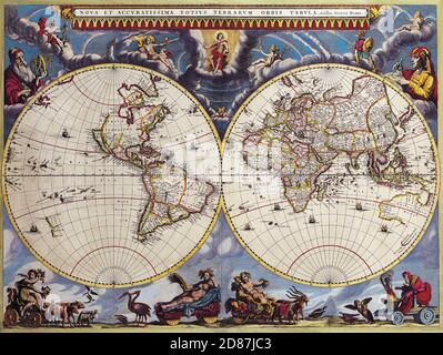 Illustrierte alte Weltkarte, Vintage-Stil voller Details. Zwei Hemisphären. Engel und Personen in der Umgebung. Stockfoto