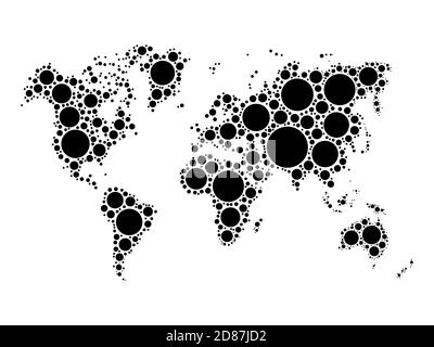 Weltkarte Mosaik aus Punkten in verschiedenen Größen. Schwarze Vektorgrafik auf weißem Hintergrund. Stock Vektor