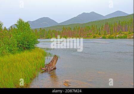 Sprague Lake an einem regnerischen Tag in Rocky Mountain National Parken Sie in Colorado Stockfoto