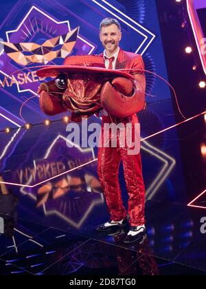 Köln, Deutschland. Oktober 2020. Jochen Schropp, Moderator, ist als unmaskierte Figur 'The Hummer' in der Prosasiebenshow 'The Masked Singer' auf der Bühne. Quelle: Rolf Vennenbernd/dpa/Alamy Live News Stockfoto