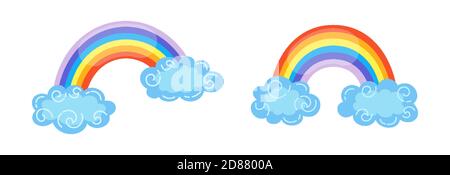 Regenbogen mit Wolken Cartoon-Stil gesetzt. Abstrakte flache Regenbogenfarben handgezeichnetes Symbol. Niedliche helle Natur Wetter Element für Kinder. Für Druck, Karte, Stoff. Isolierte Vektordarstellung Stock Vektor