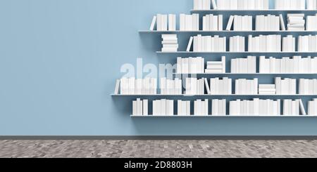 Mehrere Bücherregale mit weißen Büchern an blauer Wand im Raum mit Holzboden, Literatur, Buchsammlung oder Buchhandlung Konzept, 3D-Illustration Stockfoto