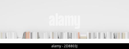 Reihe von mehreren Büchern vor der weißen Wand im Raum mit weißem Boden, Literatur, Buchsammlung oder Buchhandlung Konzept, 3D-Illustration Stockfoto