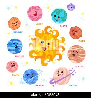 Planeten um den Sonnenraum mit niedlichen Emoticons kawaii, Cartoon Gesichter. Cartoon Sonnensystem Namen. Astronomisches Observatorium. Sonne Mond Merkur venus Erde mars jupiter saturn neptun. Vektorgrafik Stock Vektor