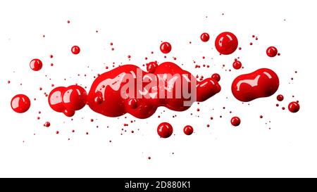 Organisch rot Flüssigkeit Metaball Flüssigkeit oder Farbtropfen schwimmend in der Mitte der Luft, abstrakte moderne Design-Element oder Hintergrund isoliert auf weiß, 3D-Illustration Stockfoto