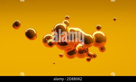 Organische goldfarbene flüssige Metaball-Flüssigkeitstropfen schweben in der Luft, abstraktes modernes Design-Element oder Hintergrund auf gelb, 3D-Illustration Stockfoto