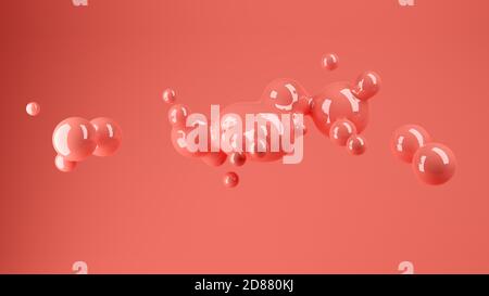 Organische lebende Koralle rosa Flüssigkeit metaball flüssige Tropfen in der Mitte der Luft schweben, abstrakte moderne Design-Element oder Hintergrund auf rosa, 3D-Illustration Stockfoto