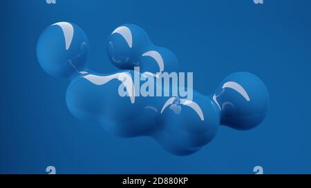 Organische klassische blaue Flüssigkeit Metaball flüssige Tropfen in der Mitte der Luft schweben, abstrakte moderne Design-Element oder Hintergrund auf blau, 3D-Illustration Stockfoto