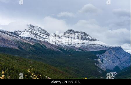 Schneebedeckter Cirrus Mountain im Spätherbst. Vom Icefields Parkway (Alberta Highway 93) aus gesehen, Jasper National Park, Kanada. Stockfoto