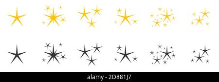 Flache gelbe schwarze Silhouetten funkelt Symbol Icon Set. Dekoration Sternenhimmel funkeln glänzend Blitz. Glitter hell verschiedene Form, Burst Feuerwerk glühenden Lichteffekt isoliert auf weißen Vektor-Illustration Stock Vektor