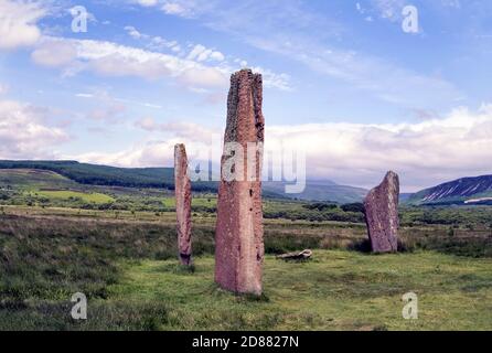 Arran vor der Westküste Schottlands wurde seit Tausenden von Jahren von Menschen bewohnt.Diese Steinkreise und stehenden Steine stammen aus ca. 2000 v. Chr.. Stockfoto