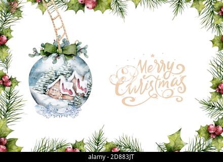 Weihnachts-Verkaufsplakat mit Schriftzug und Kugel, Serpentin und Baumzweigen auf Holzhintergründen. Illustration für Website und Banner, Poster, Anzeigen Stockfoto