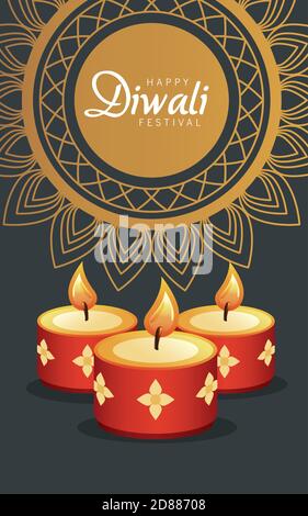 Happy diwali Feier mit drei roten Kerzen und goldenen Mandala vektorgrafik Design Stock Vektor