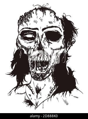 Weibliche Zombie-Porträt mit fauler Haut, elegante Ohrringe und gebrochene Halskette in handgezeichneten Stil, über weißem Hintergrund. Stock Vektor