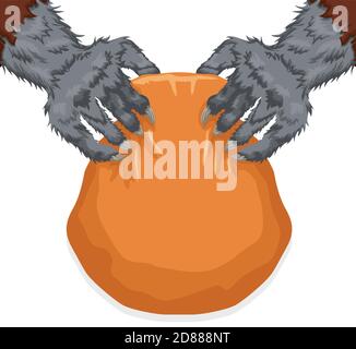 Werwolf Hände mit grauem Fell, hält eine orangefarbene Tasche, isoliert auf weißem Hintergrund. Stock Vektor