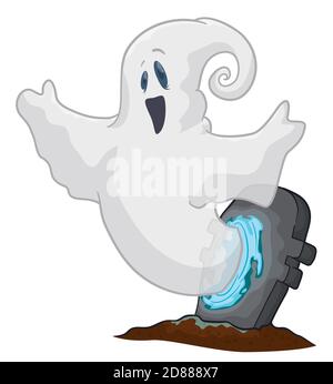 Grabstein mit einem Portal und einem lächelnden Geist, der während der Halloween-Feier von ihm kommt, isoliert auf weißem Hintergrund. Stock Vektor