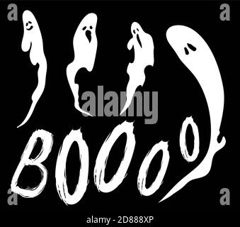 Set mit gestreckten Geistersilhouetten mit lustigen Gesten und handgezeichneter 'Boo'-Tafel, über dunklem Hintergrund. Stock Vektor