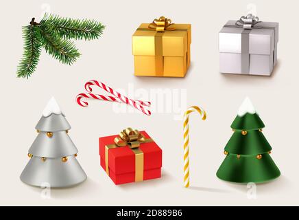 Weihnachten goldene und rote Geschenke mit Weihnachtskaramell und Weihnachtsbaum und Zweige. 3d realistische Vektor-Symbolsatz Stock Vektor