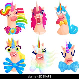 Niedliche Einhorn Grimassen Cartoon Illustrationen Set Stock Vektor