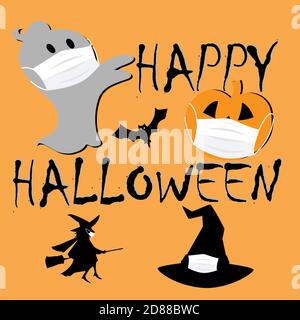 Happy halloween Vektor mit Geist, Kürbis, Hut und fliegende Hexe tragen eine schützende Gesichtsmaske Stock Vektor