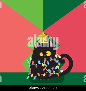 Nette Cartoon schwarze Katze mit bunten Weihnachtsgirlande und gelben Stern auf dem Kopf. Stock Vektor