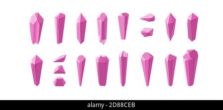 Rosa Kristalle und Mineralien isoliert in weißem Hintergrund. Großer Satz von Amethyst Kristallen und ihre Stücke. Geometrische Vektor-Elemente für Spiele und andere Stock Vektor