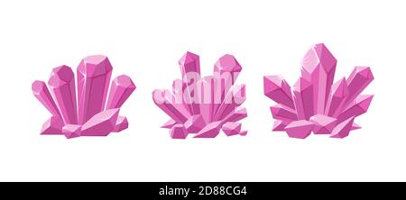 Rosafarbene Kristalle oder prächtiger Edelstein. Set von schimmernden Kristallen für Schmuck mit Magie funkelt in weißem Hintergrund isoliert. Vektorgrafik Stock Vektor