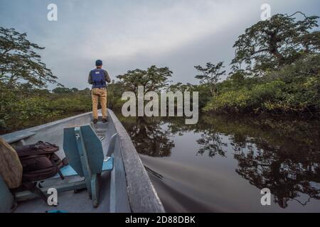 Ein Biologe steht am Bug eines Bootes, das sich durch die überschwemmten Wälder des Cuyabeno Wildreservats in Ecuador bewegt. Stockfoto