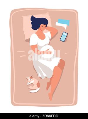 Eine junge schwangere Frau liegt und schläft auf dem Bett. Illustration über Schwangerschaft und Geburt, Gesundheit und Entspannung. Flache Vektorgrafik isoliert auf weißem Hintergrund Stock Vektor