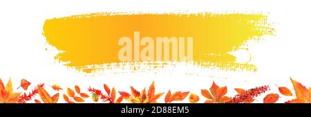 Autumn Aquarell Banner mit Blättern und Ästen und einem Pinselstrich, mit einem Platz für Text, auf weißem Hintergrund Stockfoto