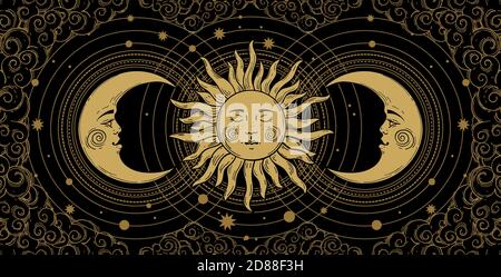 Mystisches Banner für Astrologie, Tarot, Boho Design. Weltkunst, goldene Halbmond und Sonne auf schwarzem Hintergrund mit Wolken. Esoterische Vektorgrafik, Gravur Stock Vektor