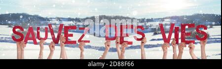 Menschen Hände Halten Sauvez Des Vies Bedeutet Leben Retten, Verschneiten Winter Hintergrund Stockfoto