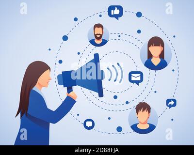 Öffentlichkeitsarbeit und Marketing Hintergrund mit Symbolen und Menschen. Social Media Marketing Konzept. Flaches Design mit Farbverlauf. Moderner Vektor. Stock Vektor