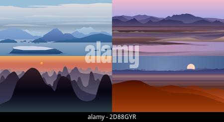 Set aus vier schönen Vektorhintergründen. Landschaft mit Hügeln, Dessert und Abend. Hintergrund in flachen Cartoon-Stil - polygonale Landschaft illustrati Stock Vektor