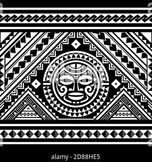 Polynesische nahtlose geometrische Vektor-Muster mit Maori Gesicht Mandala Tattoo-Design, hawaiianische Tribal Ornament in weiß auf schwarzem Hintergrund Stock Vektor
