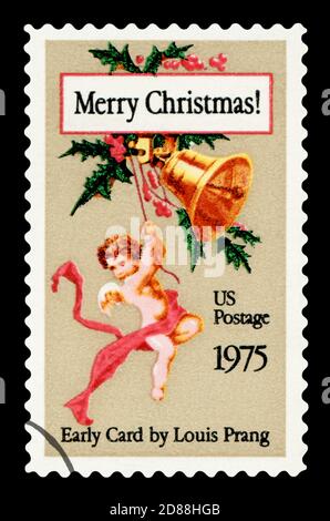 USA - ca. 1975: Eine Briefmarke gedruckt in USA, Weihnachten Thema zeigt Weihnachten Postkarte von Louis Prang, ca. 1975 Stockfoto