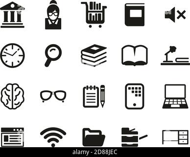 Bibliothek Oder Studiensymbole Schwarz-Weiß Set Groß Stock Vektor