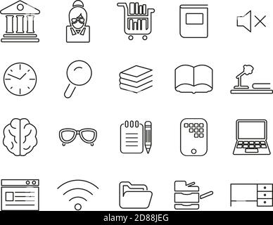 Bibliothek Oder Untersuchungssymbole – Schwarz-Weiß-Set Mit Dünnen Linien Groß Stock Vektor
