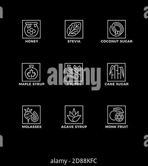 Vektor-Set von Design-Elementen, Logo-Design-Vorlage, Symbole und Abzeichen für Zucker Alternativen, gesunde Lebensmittel, natürliche Substitute. Zeilensymbol gesetzt, editiertab Stock Vektor