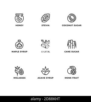 Vektor-Set von Design-Elementen, Logo-Design-Vorlage, Symbole und Abzeichen für Zucker Alternativen, gesunde Lebensmittel, natürliche Substitute. Zeilensymbol gesetzt, editiertab Stock Vektor