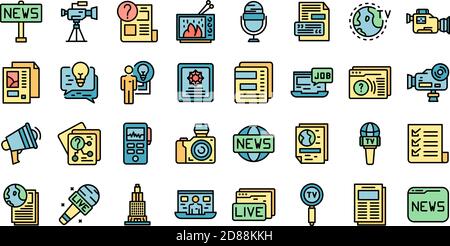 Berichtssymbole eingestellt. Umriss Satz von Reportage Vektor-Symbole dünne Linie Farbe flach auf weiß Stock Vektor