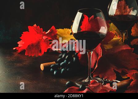 Trockener Rotwein aus Pinot Noir-Trauben in großen Gläsern, Herbststillleben mit roten und gelben Blättern auf dunklem Grund, zurückgehalten, selektiver Fokus Stockfoto